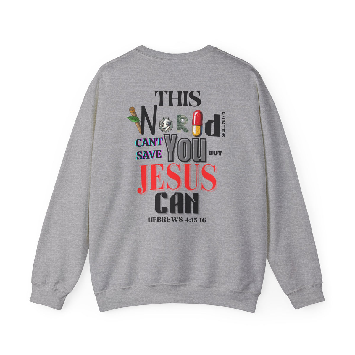 Light gray crewneck sweater with large back graphic text design