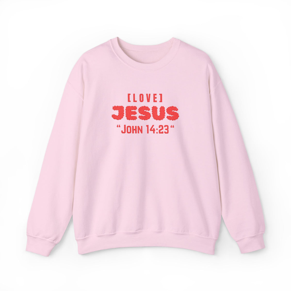 Light pink crewneck sweater with "I LOVE JESUS" "JOHN 14:23" front print