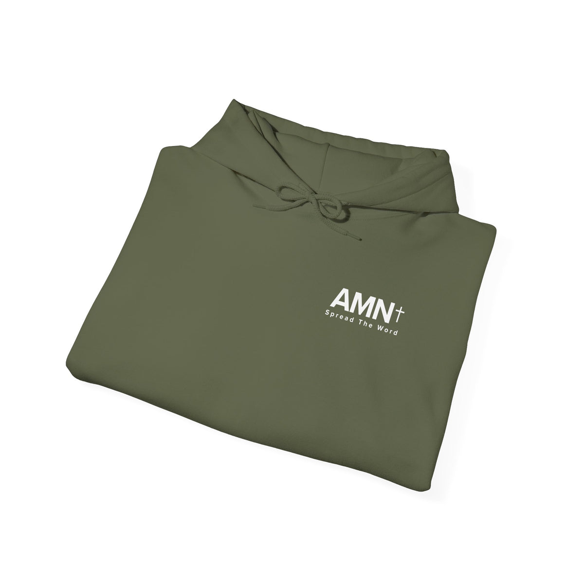 Olive green hoodie folded view with small chest logo text