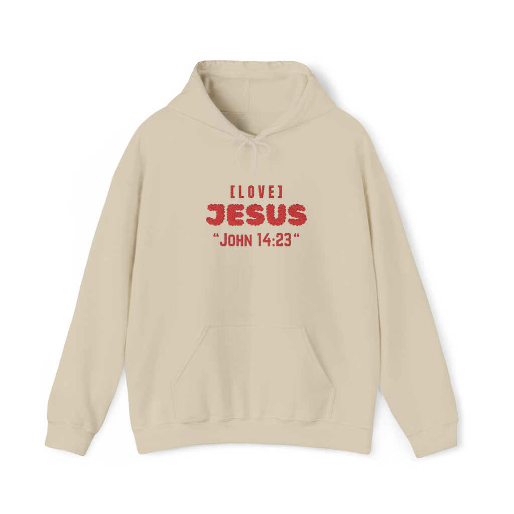 Beige hoodie with front pocket and red 'LOVE JESUS' text