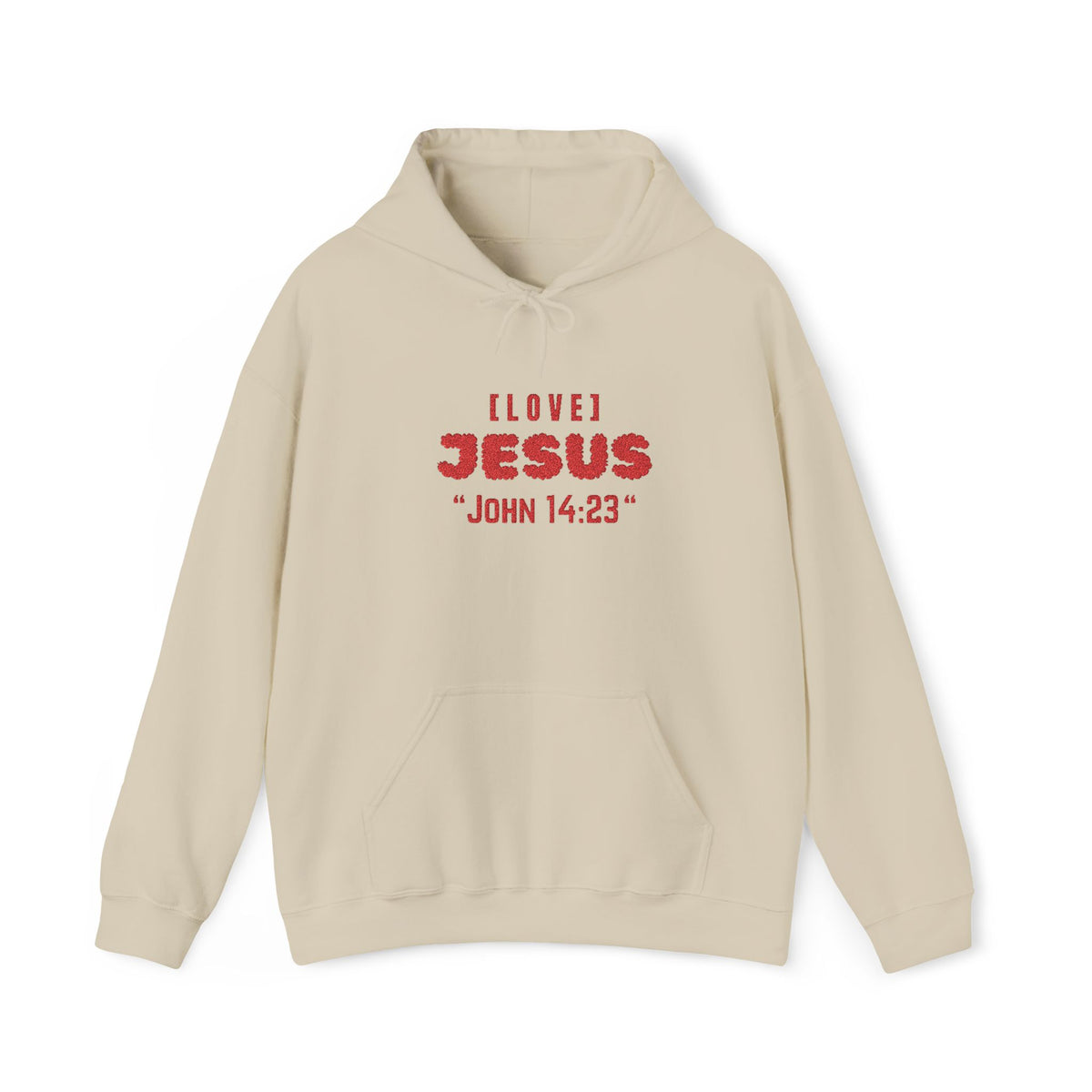 Beige hoodie with front pocket and red 'LOVE JESUS' text