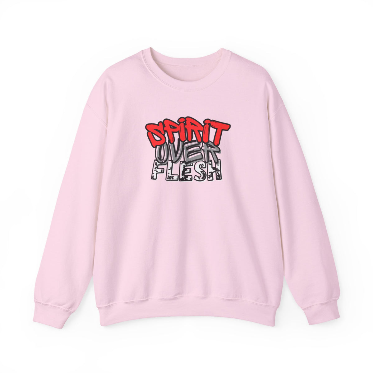 Pink crewneck sweater with long sleeves and Spirit Over Flesh chest graphic