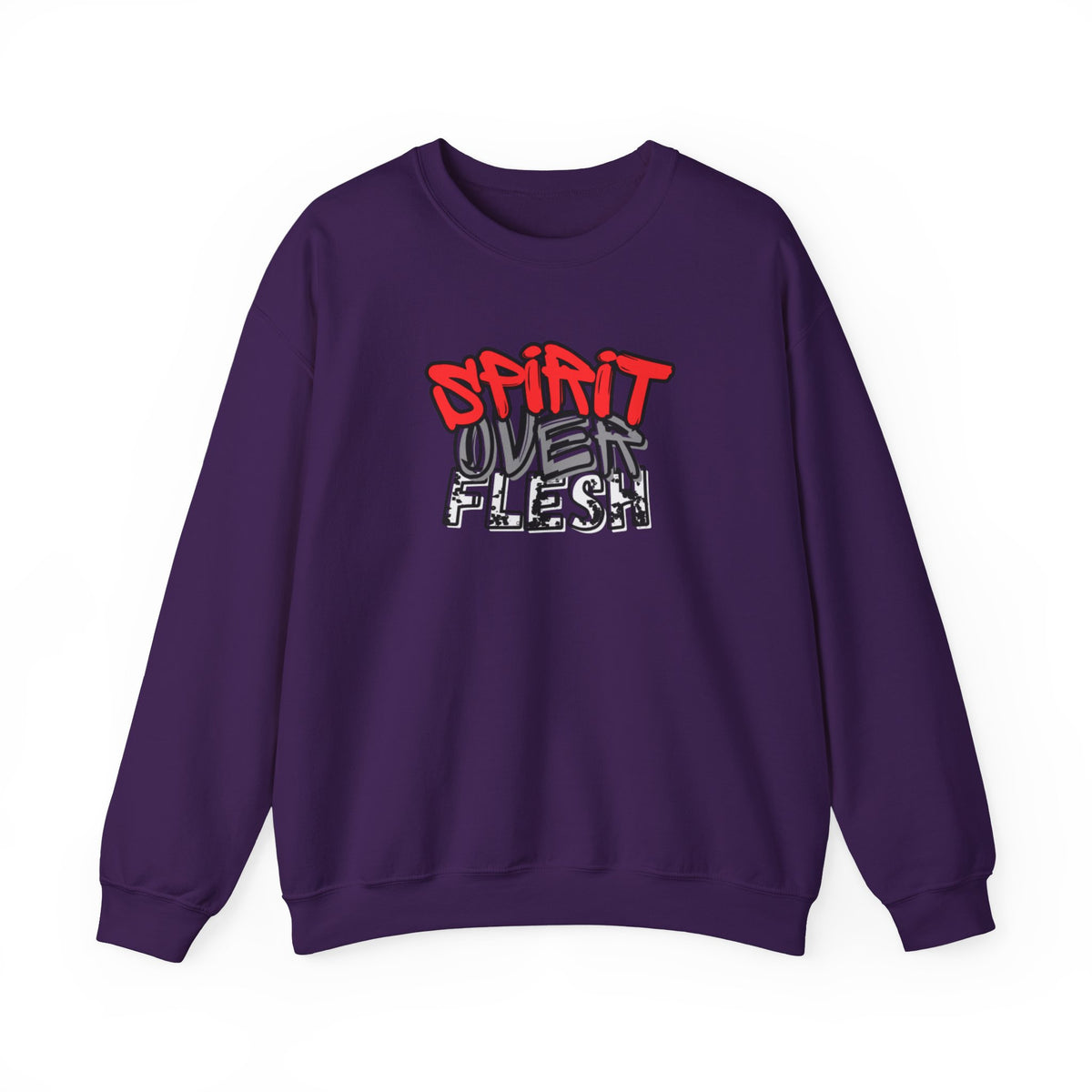 Purple crewneck sweater with Spirit Over Flesh graphic print on chest