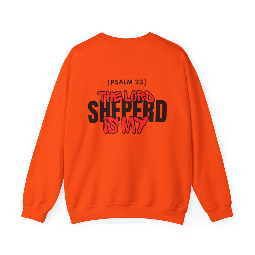 Orange crewneck sweater with Psalm 23 text and red/black front graphic
