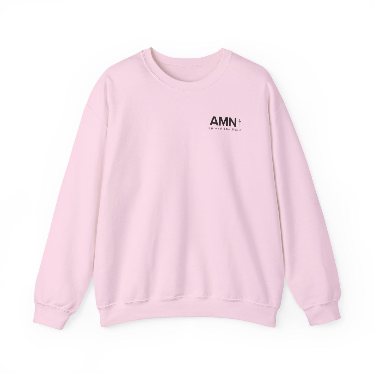 Light pink crewneck sweater with AMN+ logo on the front.