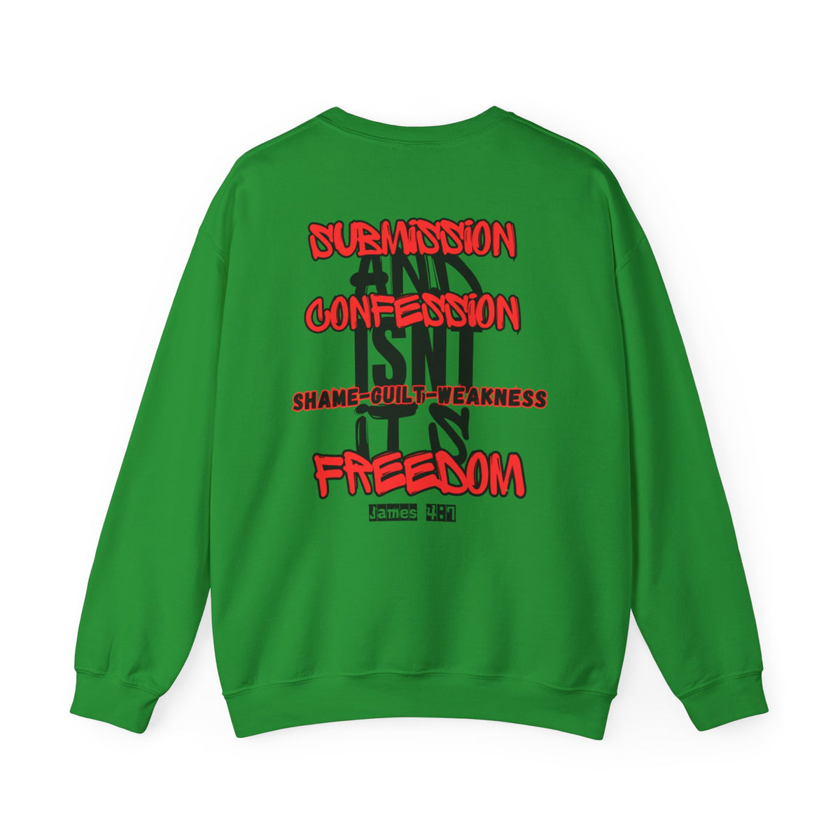 Green crewneck sweater with back typography and red word art print