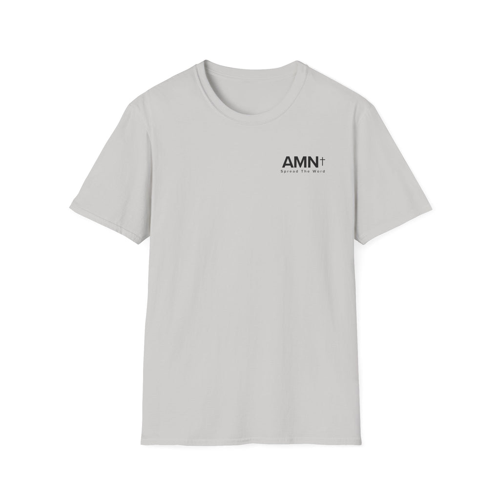 Light gray T-shirt with crew neck and small AMN+ chest logo print