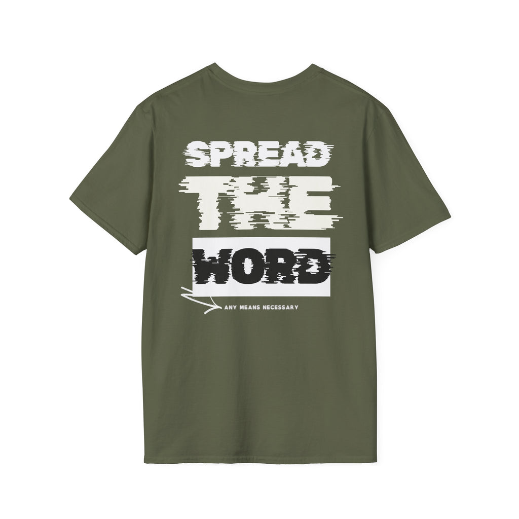 Olive green T-shirt with large SPREAD THE WORD graphic print