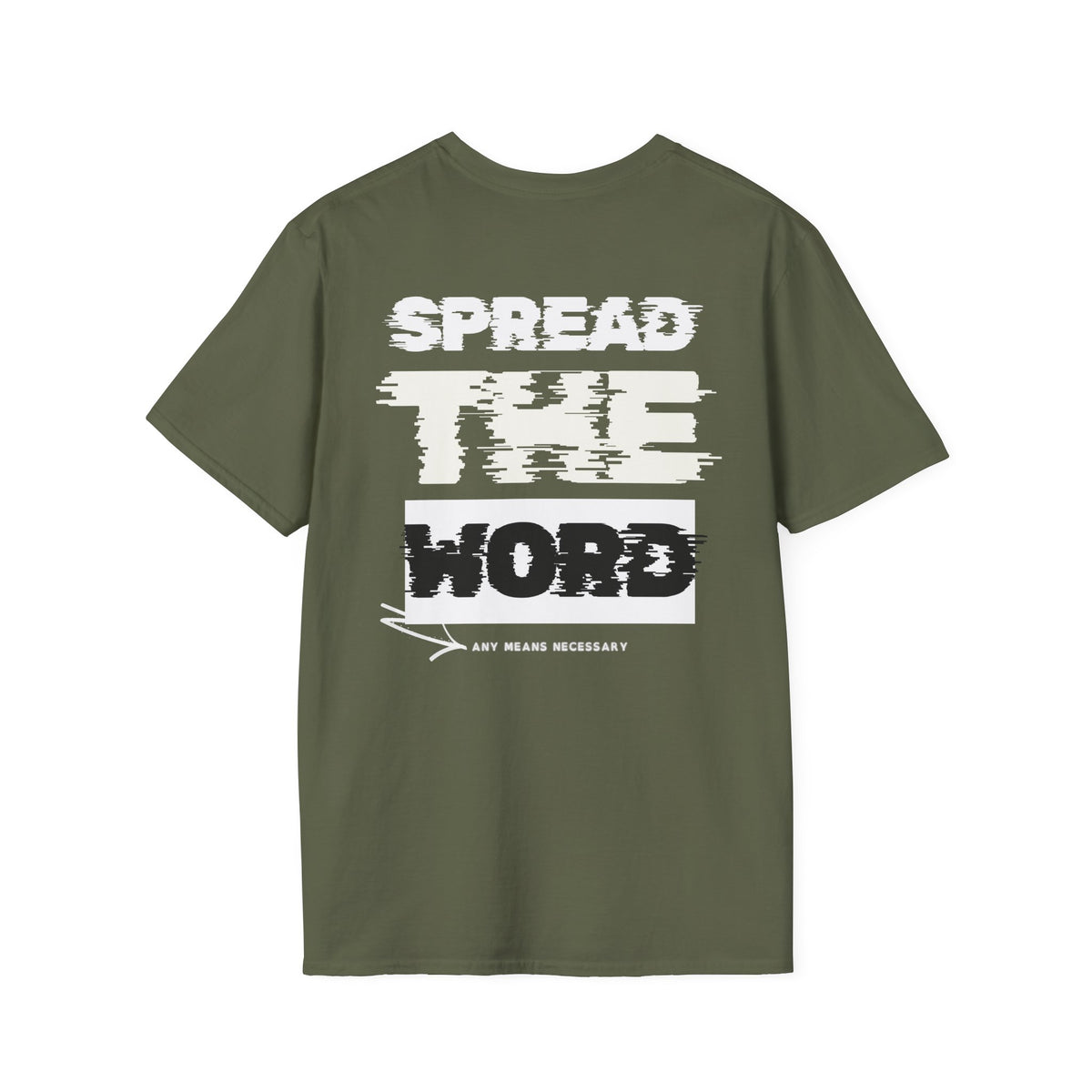 Olive green T-shirt with large SPREAD THE WORD graphic print