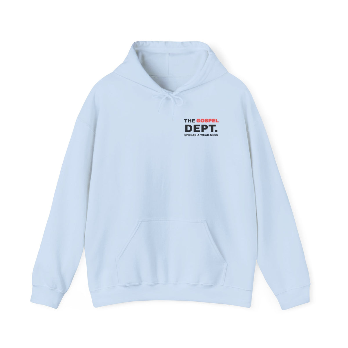 Light blue hoodie with hood, drawstring, kangaroo pocket, and "THE GOSPEL DEPT" logo.