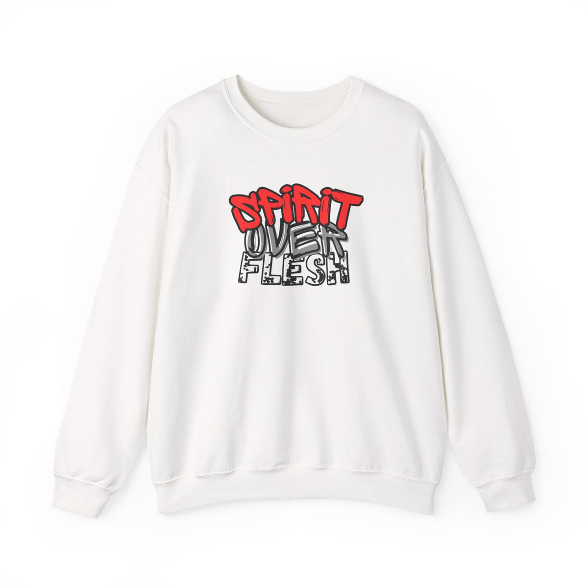 White crewneck sweater with Spirit Over Flesh graphic print on chest