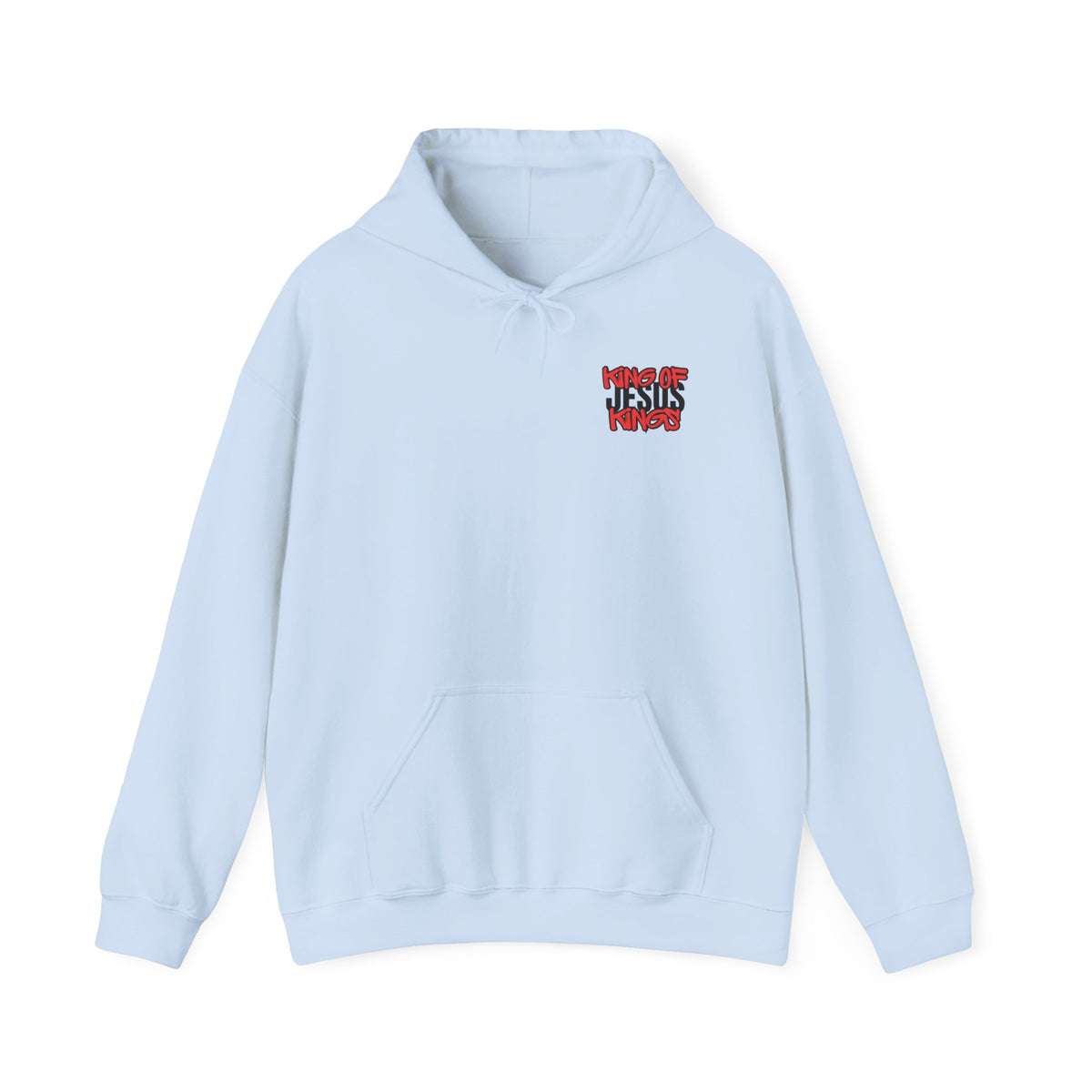 Light blue hoodie with hood, front kangaroo pocket, and small chest logo
