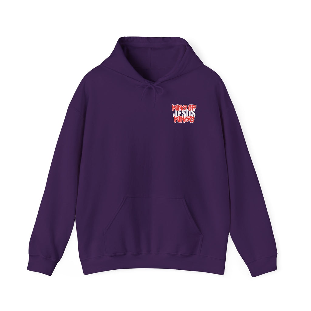 Purple hoodie sweatshirt with front chest graphic, hood drawstrings, kangaroo pocket