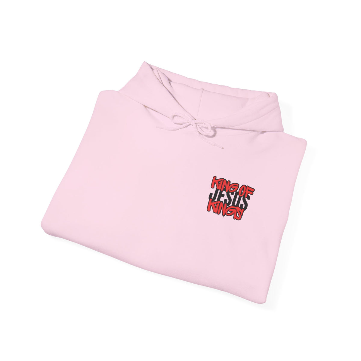 Light pink hoodie with front logo graphic and drawstring hood