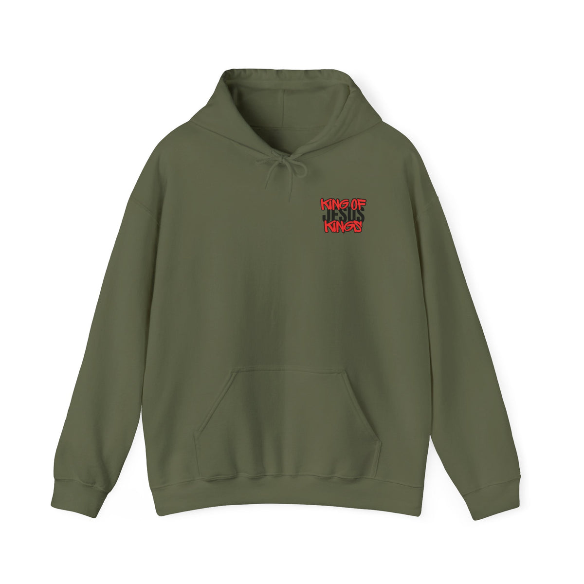 Olive green hoodie with front logo graphic and drawstring hood
