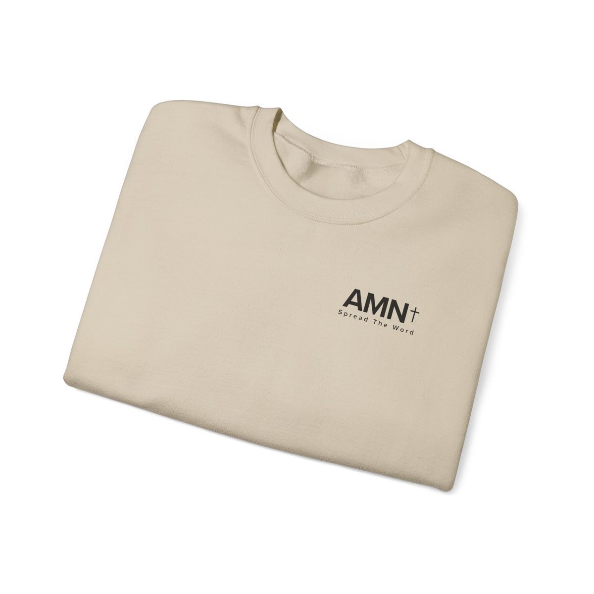 Sand crewneck sweater with small AMN+ logo on front