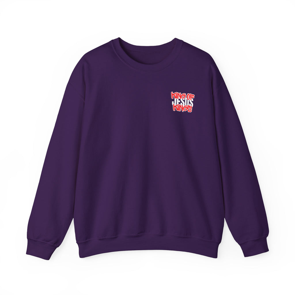 Purple crewneck sweatshirt with small front graphic logo
