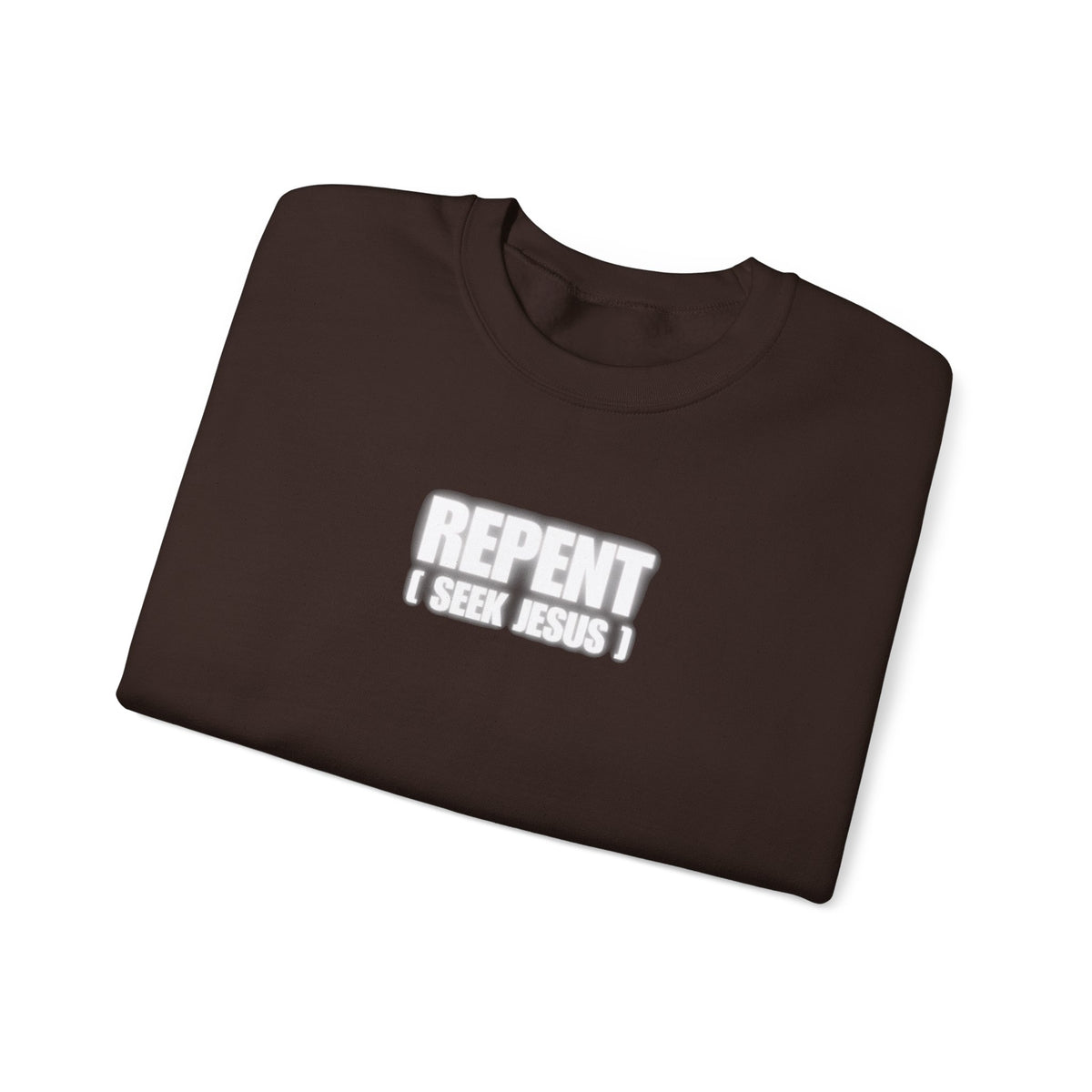 Dark brown crewneck sweater with 'REPENT' front graphic and 'I SEEK JESUS' text