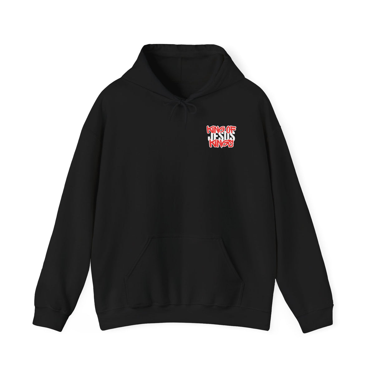 Black hoodie with front logo graphic and drawstring hood
