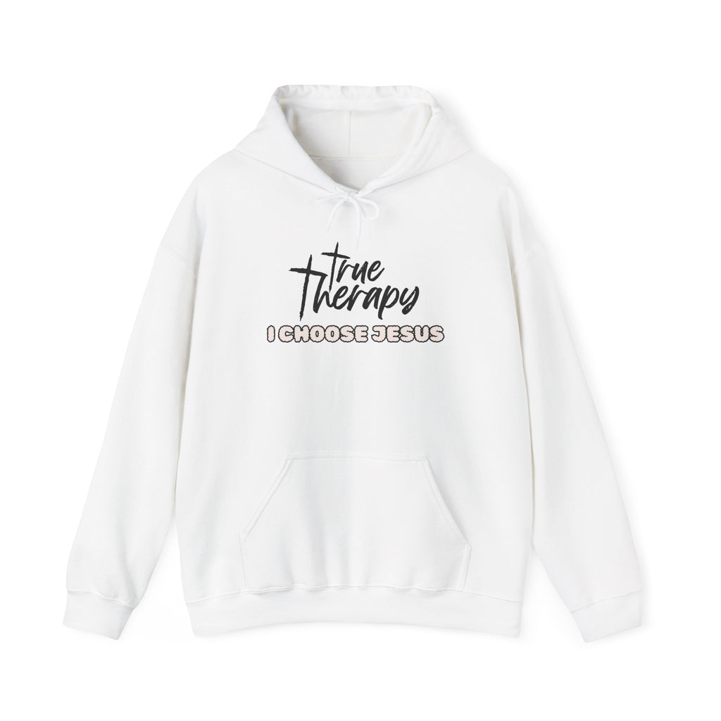 White hoodie with chest graphic logo and text "I choose Jesus"