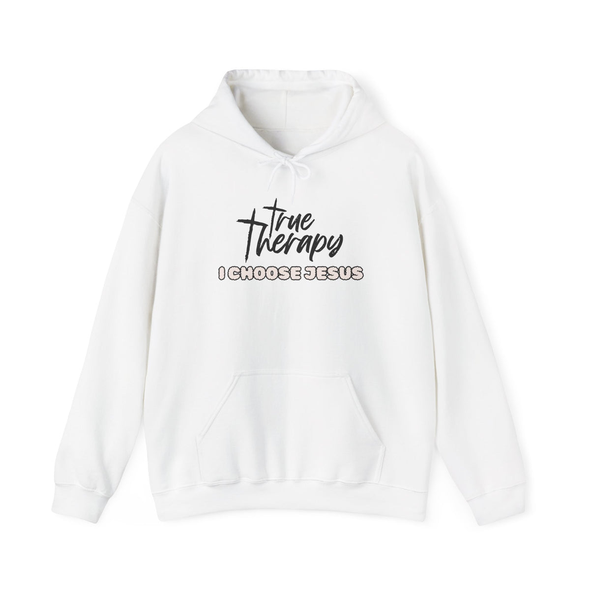 White hoodie with chest graphic logo and text "I choose Jesus"