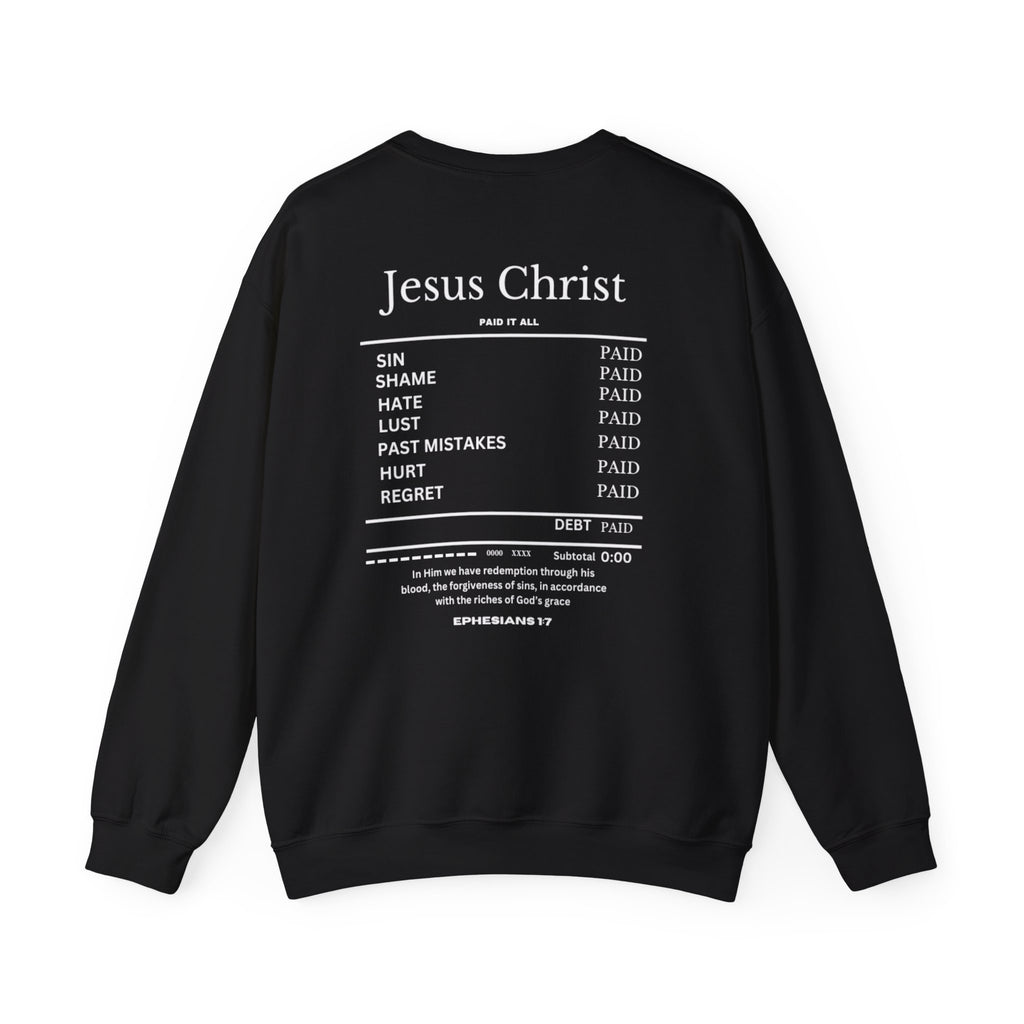 Black crewneck sweater with “Jesus Christ” text and list graphic on the back