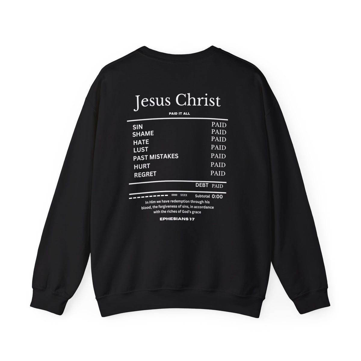 Black crewneck sweater with “Jesus Christ” text and list graphic on the back