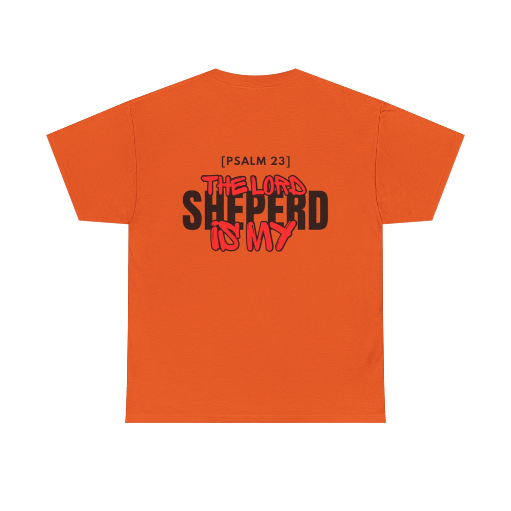 Orange crewneck T-shirt with multicolor "Psalm 23" "Shepherd is my" graphic on chest