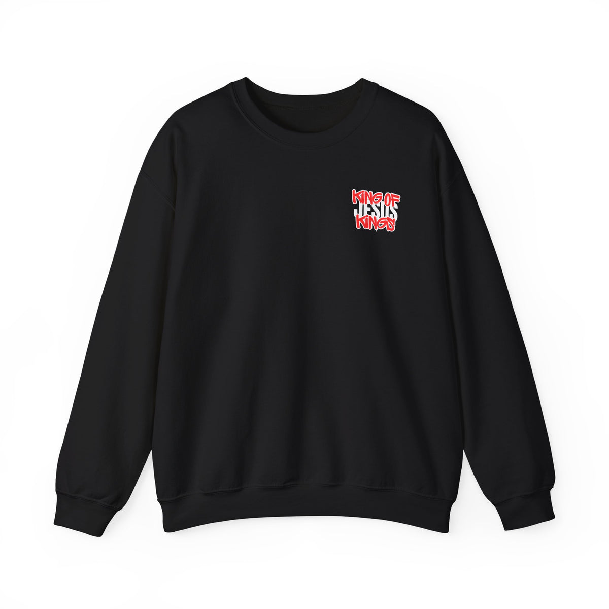 Black crewneck sweater with small red and blue chest graphic on right side.