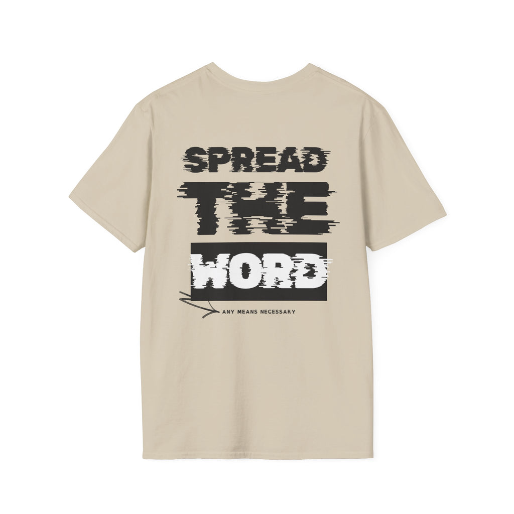 Beige T-shirt with large SPREAD THE WORD graphic print
