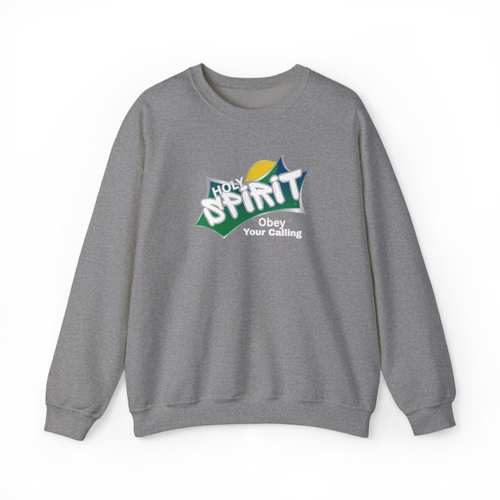 Heather gray crewneck sweatshirt with multicolor “Holy Spirit” chest graphic