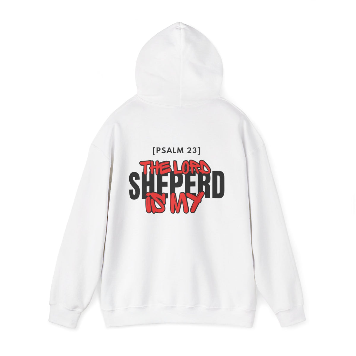 White pullover hoodie with hood and [PSALM 23] back print design