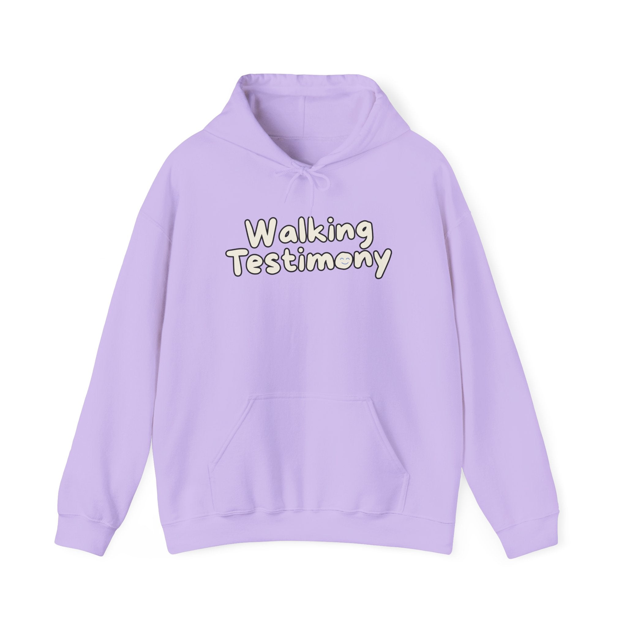 Lavender hoodie with front pocket and “Walking Testimony” graphic on chest
