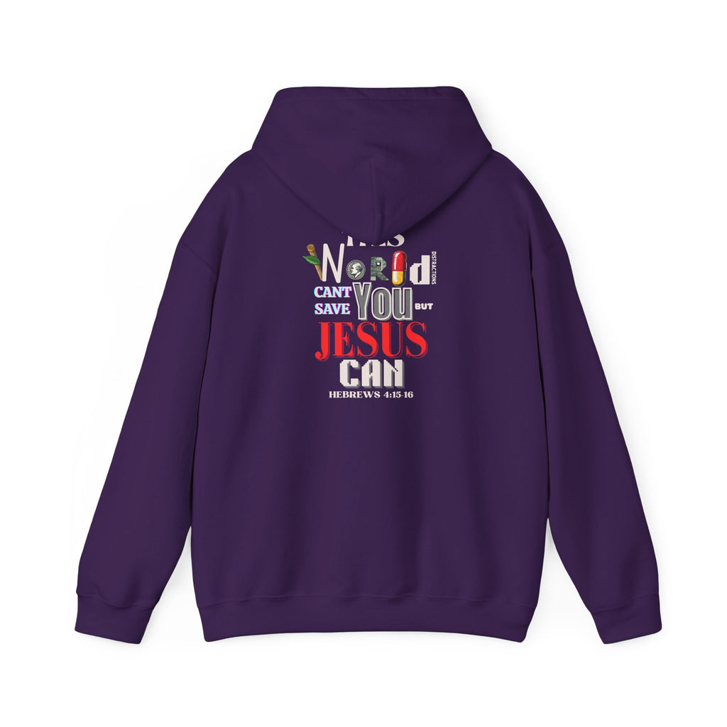 Purple hoodie with hood and kangaroo pocket, 'World...Jesus can' back graphic