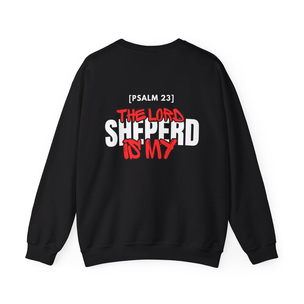 Black crewneck sweater with large back graphic text print and red accent