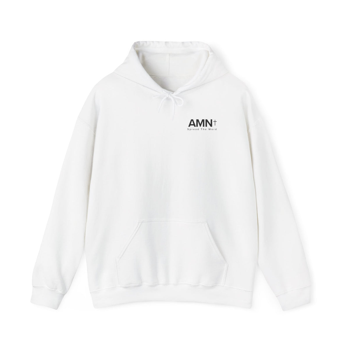 White pullover hoodie with drawstring hood, kangaroo pocket, and AMN+ chest logo.