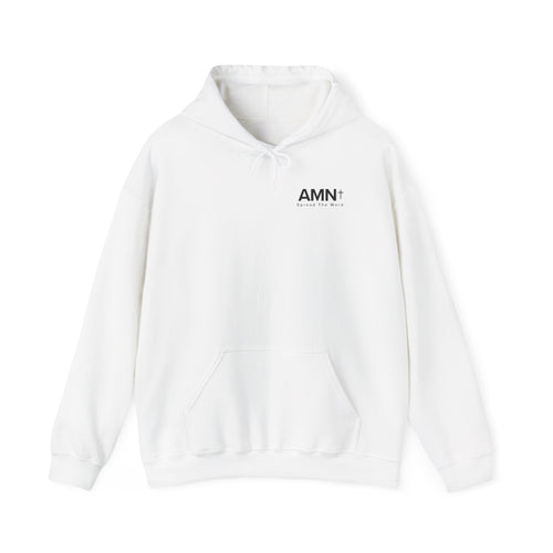 White pullover hoodie with drawstring hood, kangaroo pocket, and AMN+ chest logo.