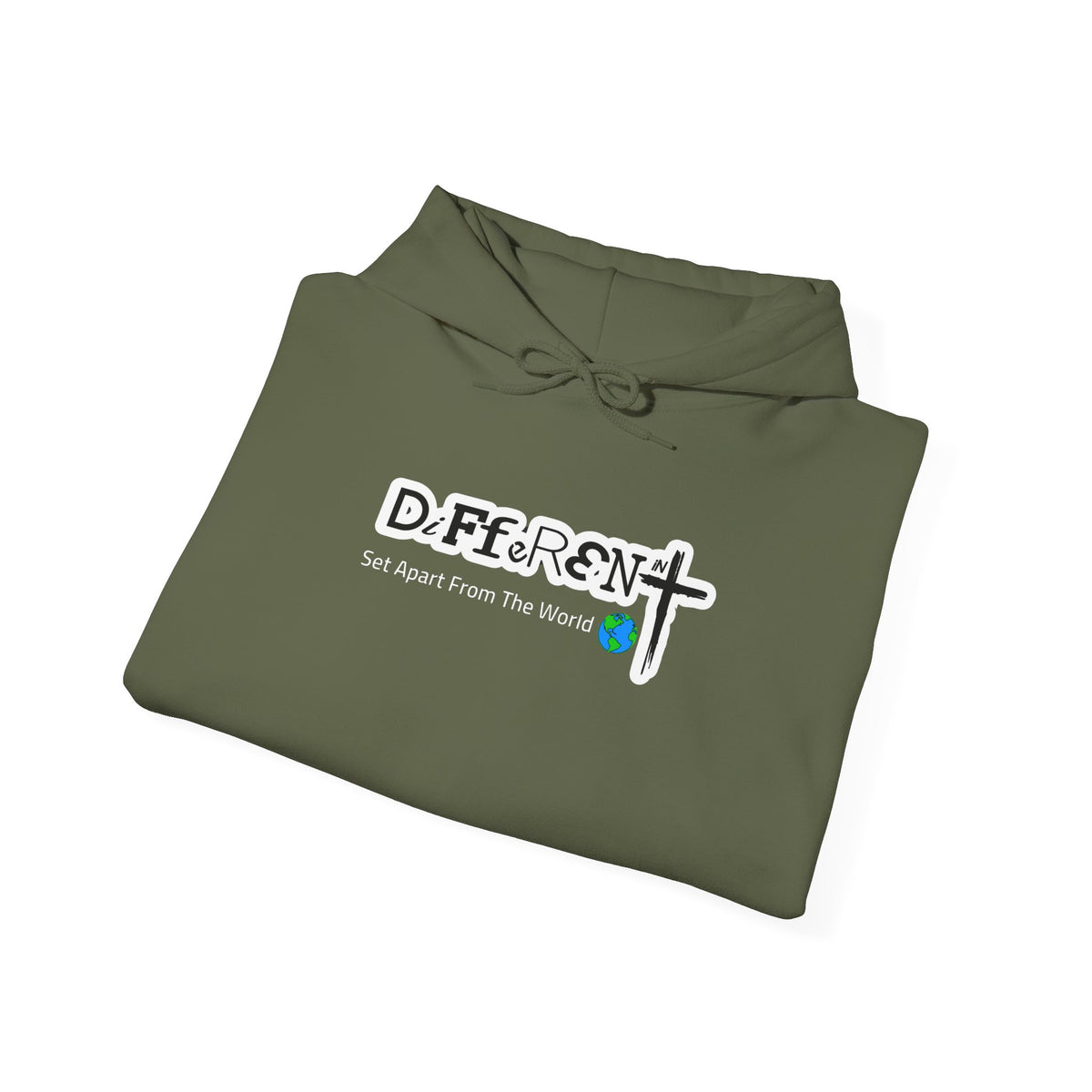 Olive green hoodie with drawstring hood and chest “DiFfeR3Nt” logo print