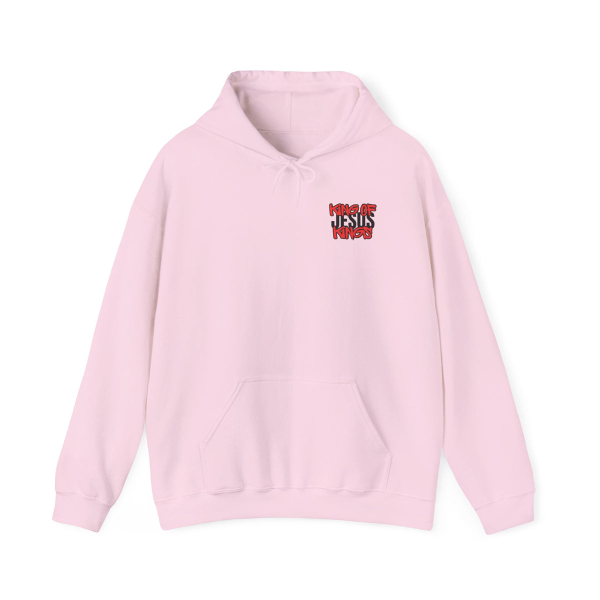 Light pink hoodie sweatshirt with front chest graphic, hood drawstrings, kangaroo pocket