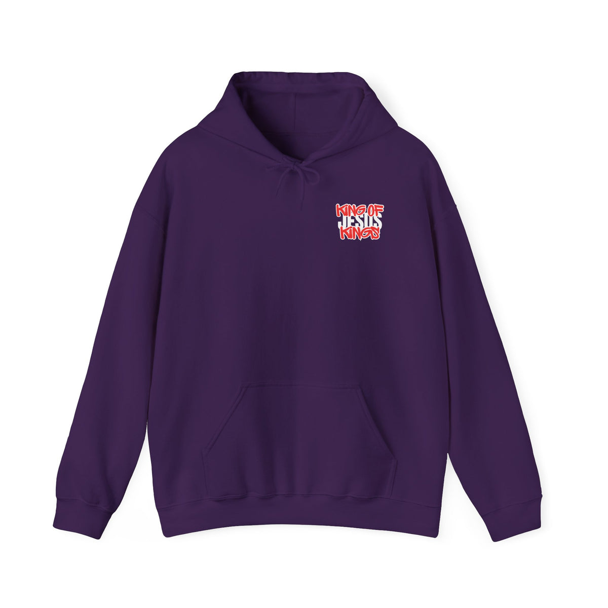 Purple hoodie with hood, front kangaroo pocket, and small chest logo