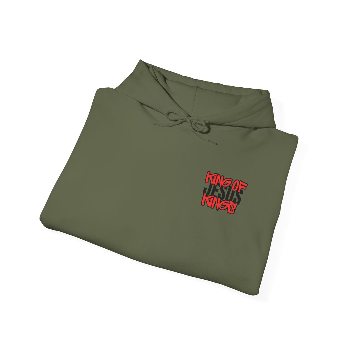 Olive green hoodie with front graphic logo and drawstring hood
