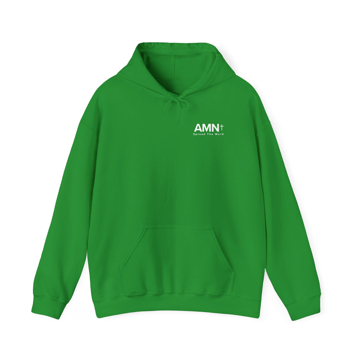 Bright green hoodie with front pocket, hood drawstrings, and small AMN+ logo on chest
