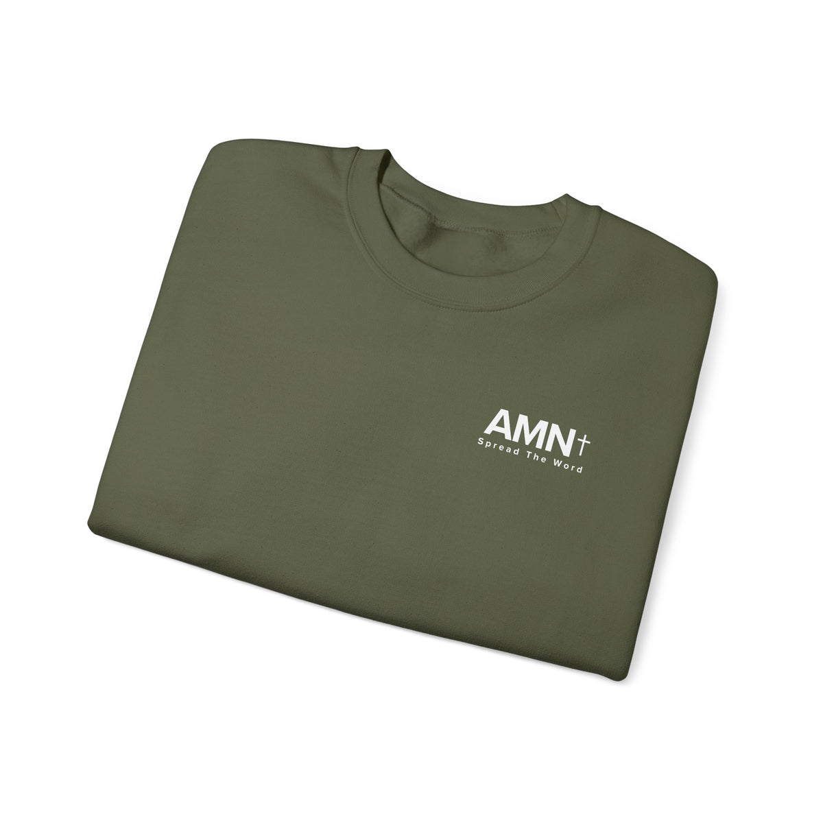 Olive green crewneck sweater with AMN+ logo at the chest