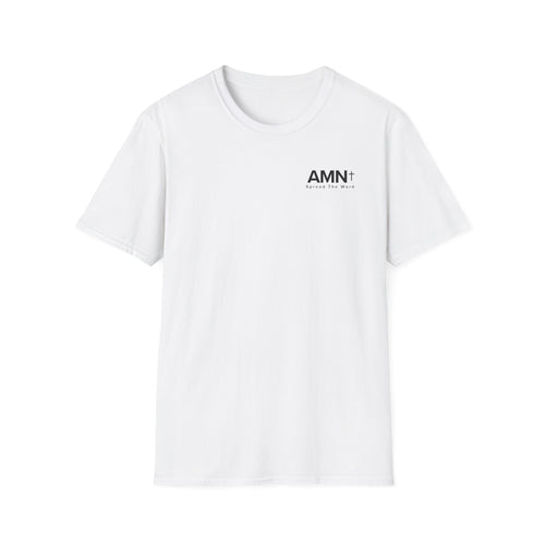 White T-shirt with small AMN+ logo on chest