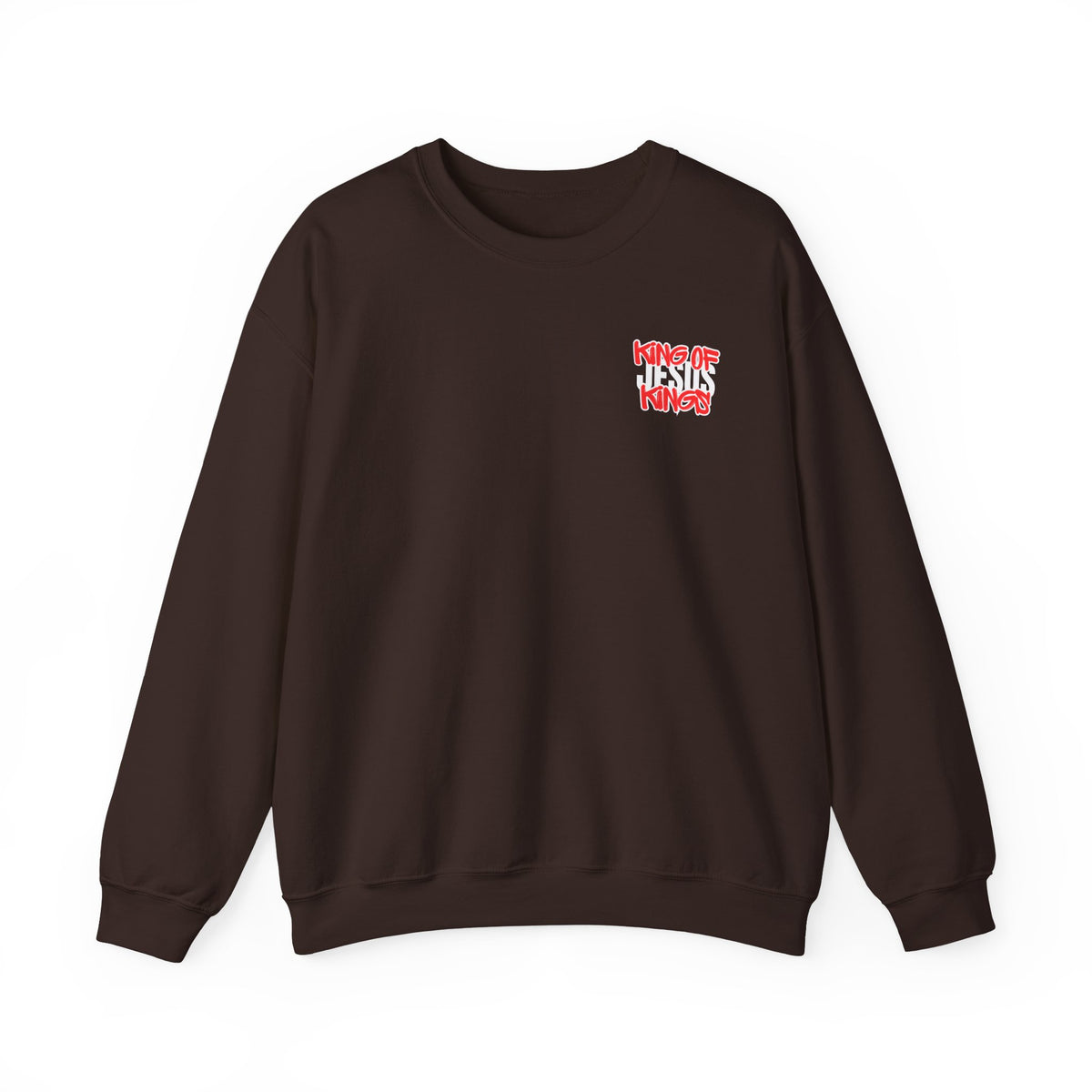 Dark brown crewneck sweater with small red graphic on left chest