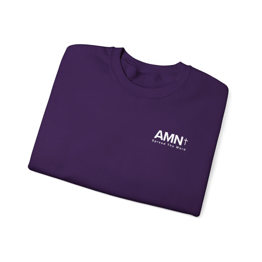 Dark purple crewneck sweater with AMN+ logo on the front, short-sleeve view
