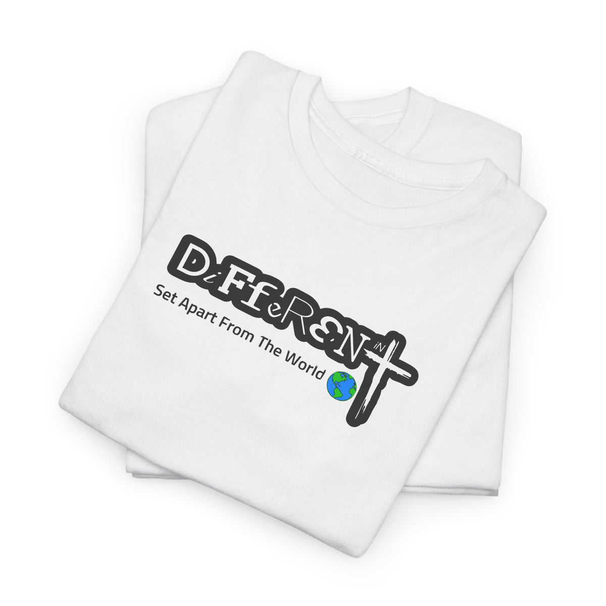White crewneck T-shirt, folded look, with front typographic logo graphic