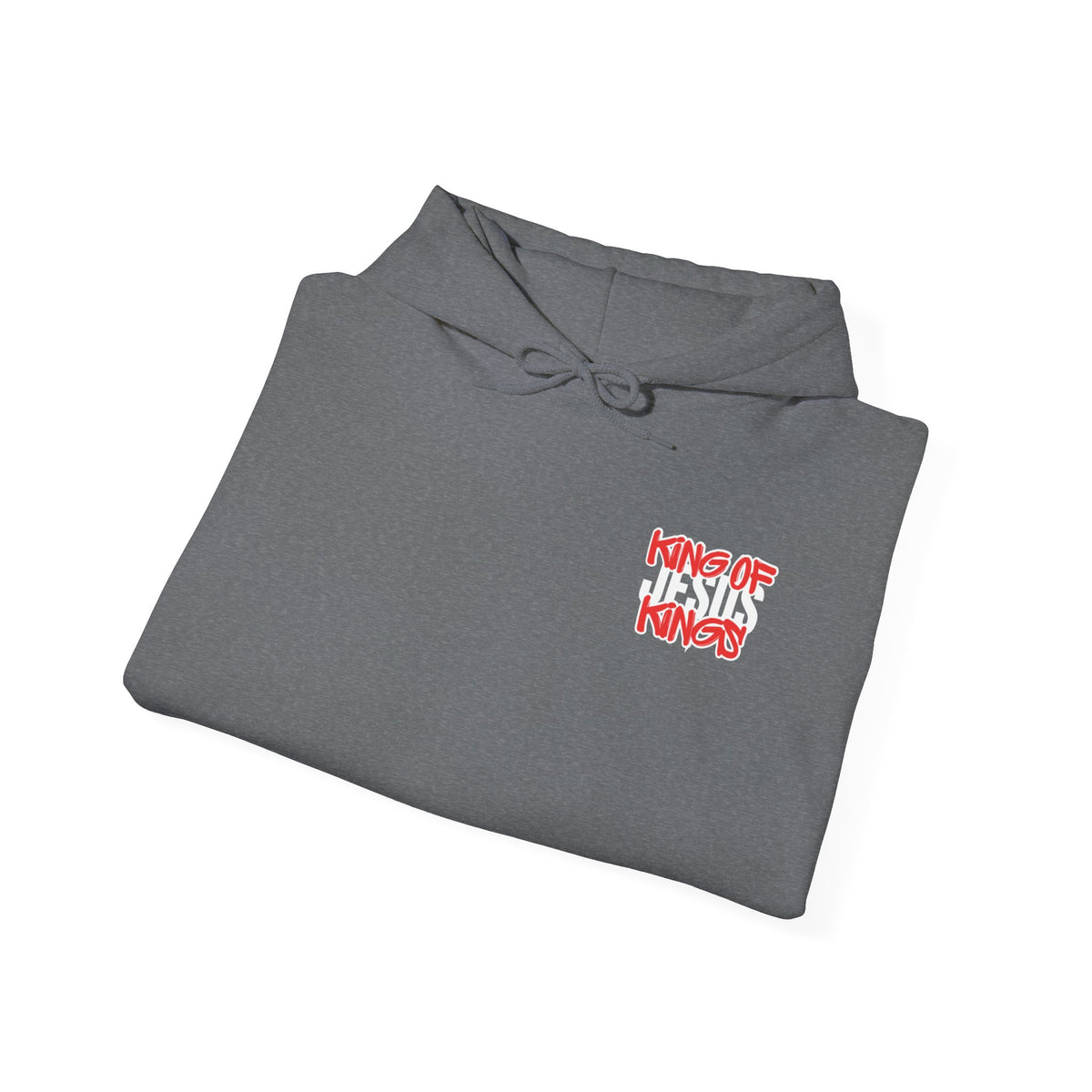 Gray hoodie with front graphic logo and drawstring hood