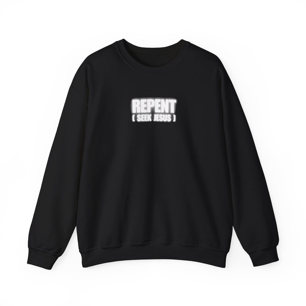 Black crewneck sweater with front text logo reading “REPENT I SEEK JESUS”