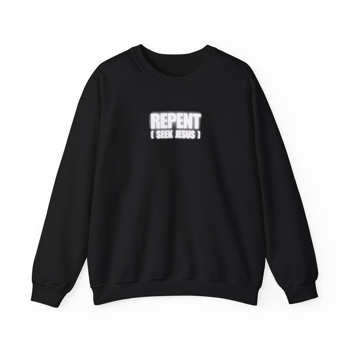Black crewneck sweater with front text logo reading “REPENT I SEEK JESUS”